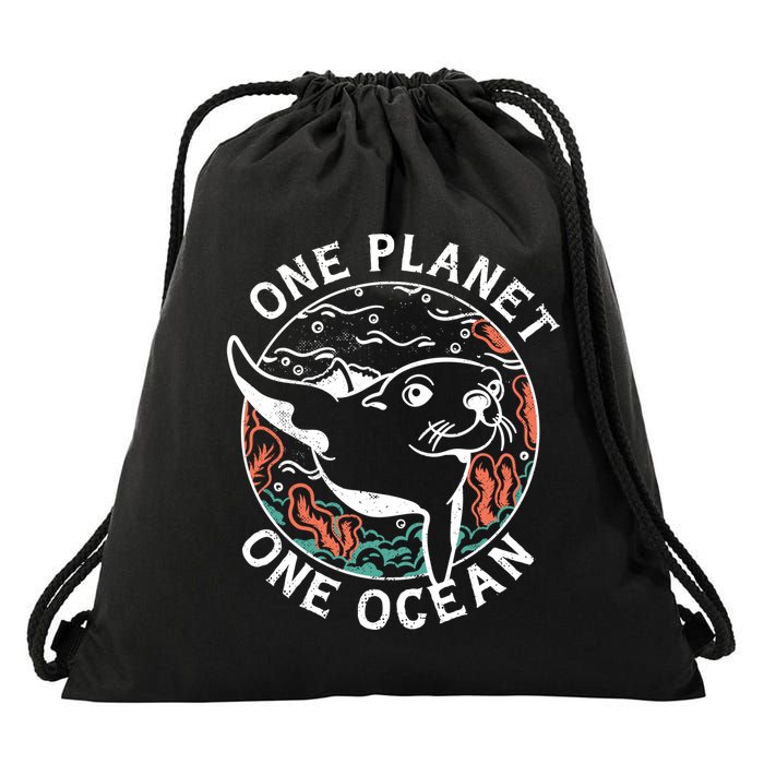 One Planet One Ocean Seal Drawstring Bag