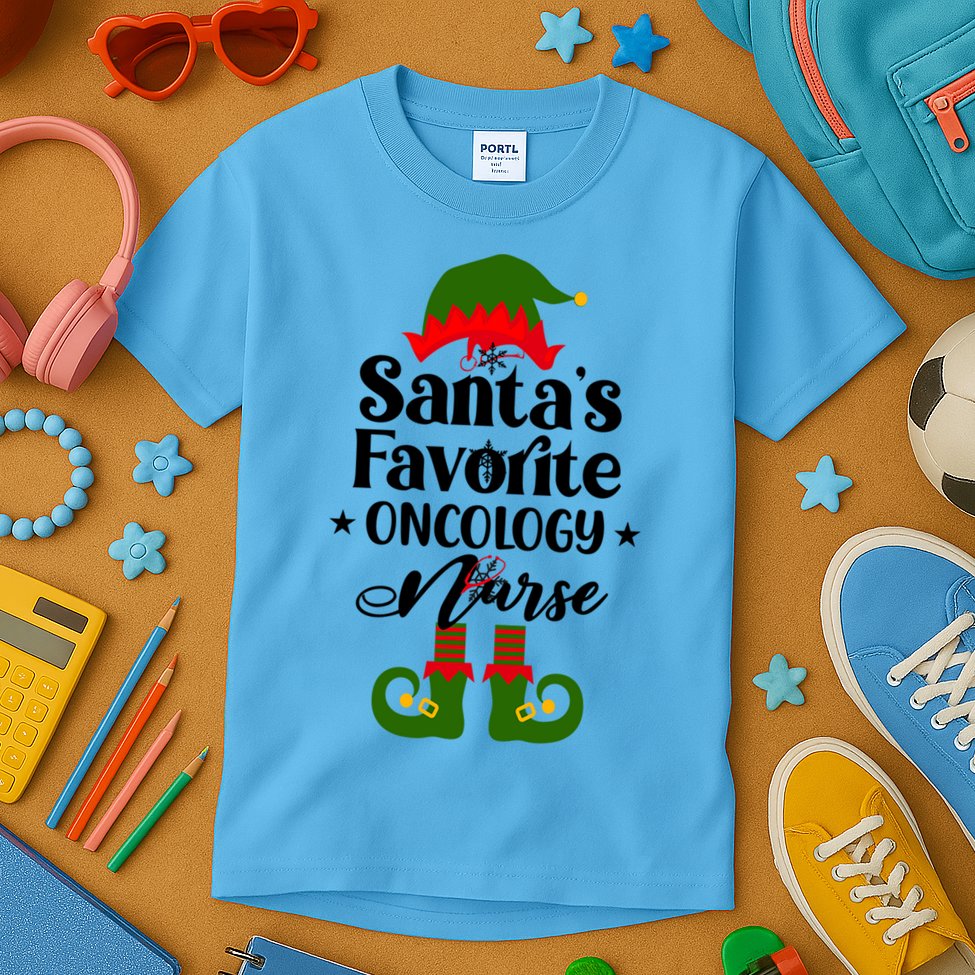 Oncology Nurse Funny Elf Christmas Santas Favorite Onc Rn Meaningful Gift Kids T-Shirt