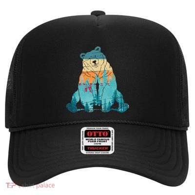 Outdoors Nature Forest Animal Wildlife Retro Brown Bear High Crown Mesh Back Trucker Hat