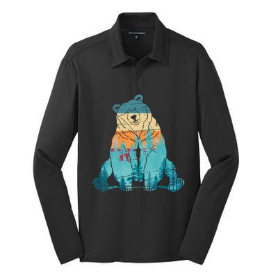 Outdoors Nature Forest Animal Wildlife Retro Brown Bear Silk Touch Performance Long Sleeve Polo