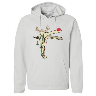 Obgyn Nurse Merry Christmas Reindeer Speculum Xmas Lights  Performance Fleece Hoodie