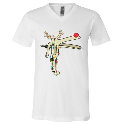 Obgyn Nurse Merry Christmas Reindeer Speculum Xmas Lights  V-Neck T-Shirt