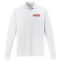 Omaha Nebraska NE Red Letter Graphic On Omaha Performance Long Sleeve Polo