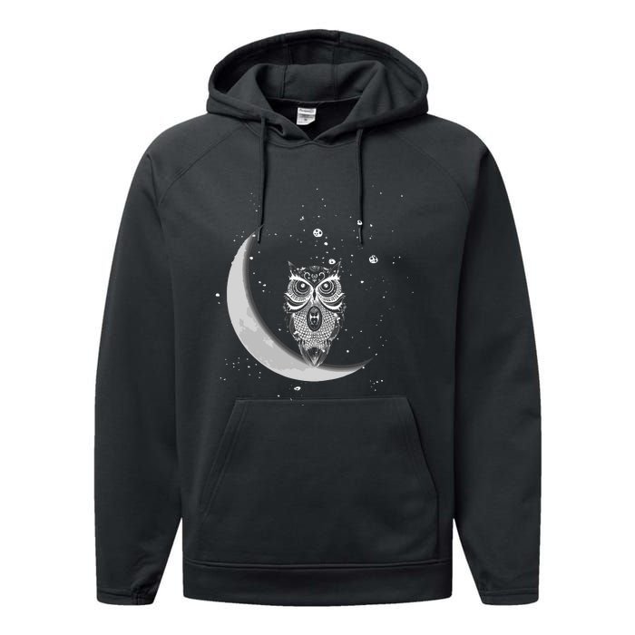 Owls Night Owls Owl At Night On Moon At Night Sky Performance Fleece Hoodie