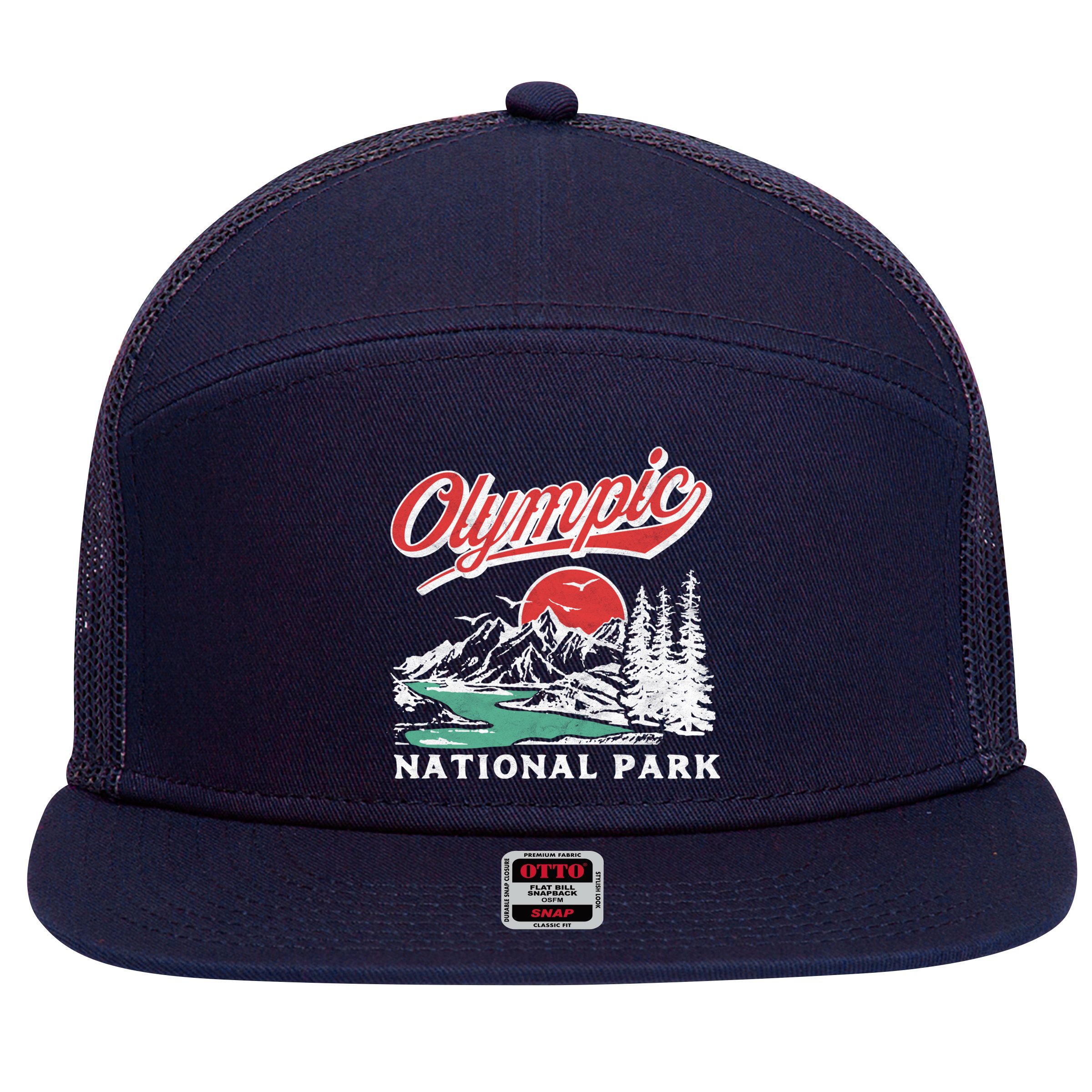 Olympic National Park Retro 80's Mountains Graphic 7 Panel Mesh Trucker Snapback Hat