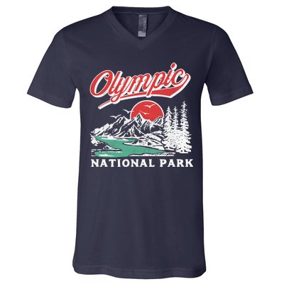 Olympic National Park Retro 80's Mountains Graphic V-Neck T-Shirt