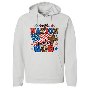 One Nation Patriotic Under God Flag 4th Of July Christian Performance Fleece Hoodie