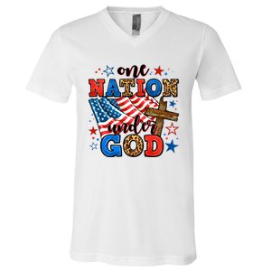 One Nation Patriotic Under God Flag 4th Of July Christian V-Neck T-Shirt