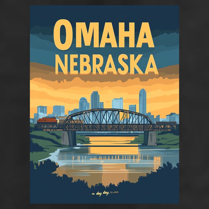 Omaha Nebraska Travel Poster 7 Panel Mesh Trucker Snapback Hat