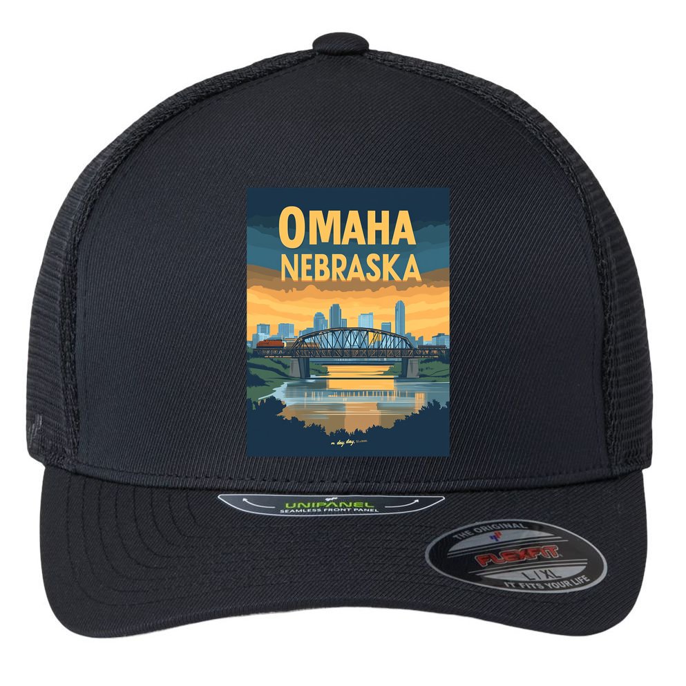 Omaha Nebraska Travel Poster Flexfit Unipanel Trucker Cap