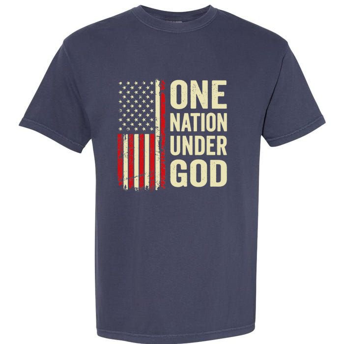 One Nation Under God Patriotic Christian USA Flag Garment-Dyed Heavyweight T-Shirt