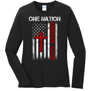 One Nation Under God American Christian Flag Ladies Long Sleeve Shirt