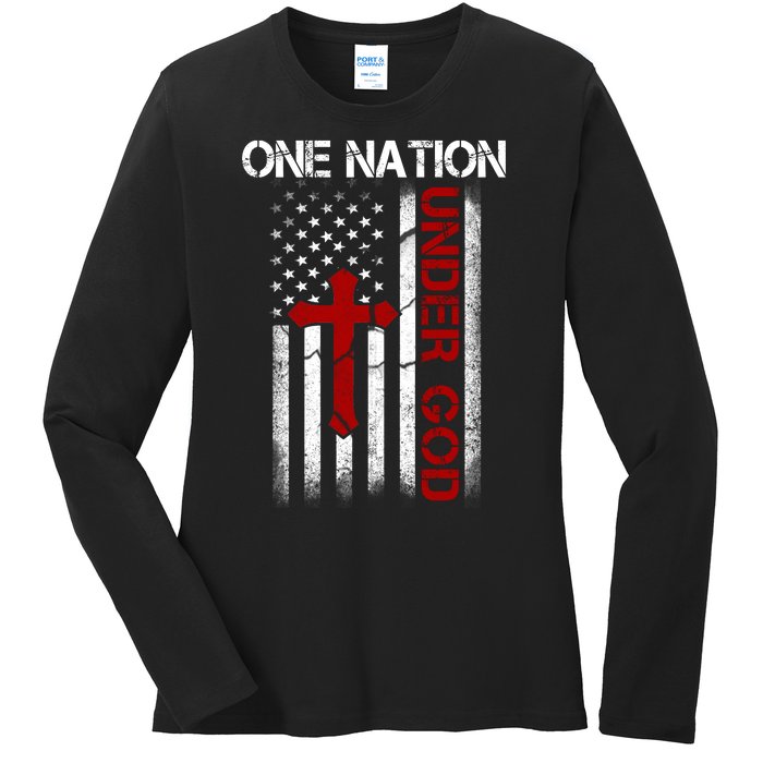 One Nation Under God American Christian Flag Ladies Long Sleeve Shirt