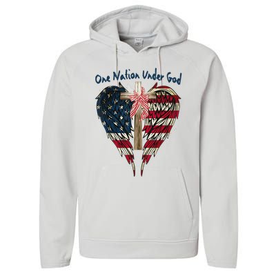 One Nation Under God Flag 4th Of July Patriotic Christian Performance Fleece Hoodie