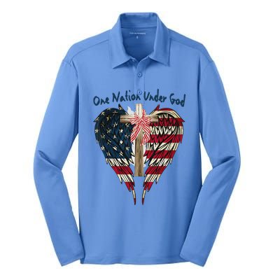 One Nation Under God Flag 4th Of July Patriotic Christian Silk Touch Performance Long Sleeve Polo