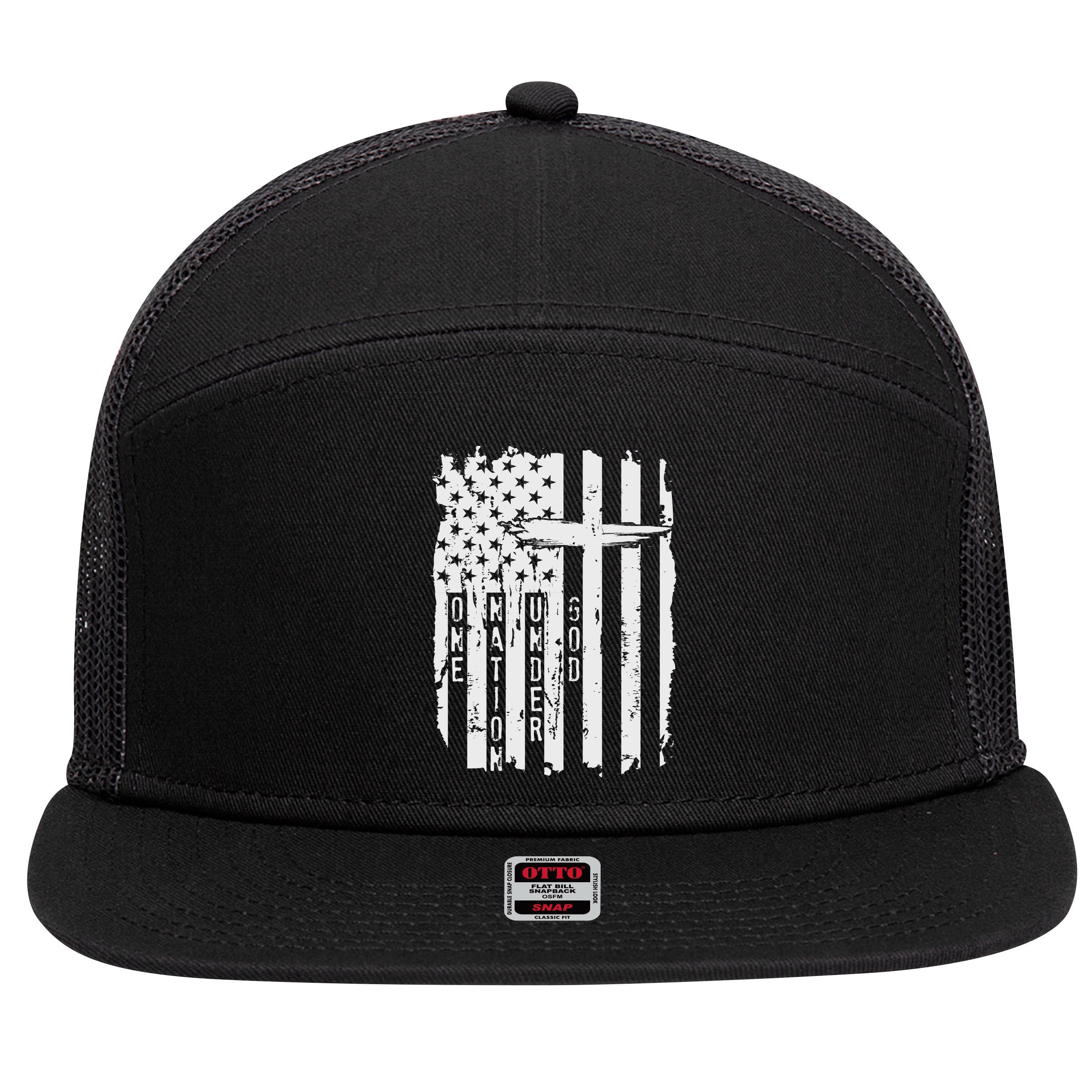 One Nation Under God Grunge Distressed USA American Flag 7 Panel Mesh Trucker Snapback Hat