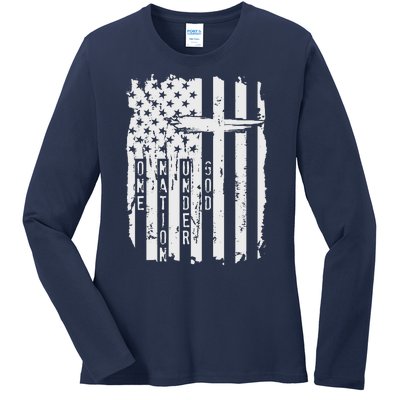 One Nation Under God Grunge Distressed USA American Flag Ladies Long Sleeve Shirt