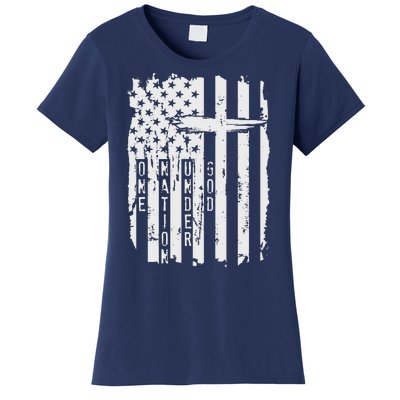 One Nation Under God Grunge Distressed USA American Flag Women's T-Shirt