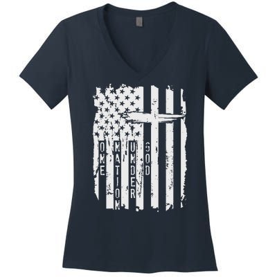 One Nation Under God Grunge Distressed USA American Flag Women's V-Neck T-Shirt