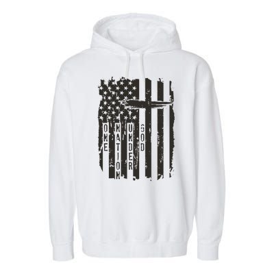 One Nation Under God Grunge Distressed USA American Flag Garment-Dyed Fleece Hoodie