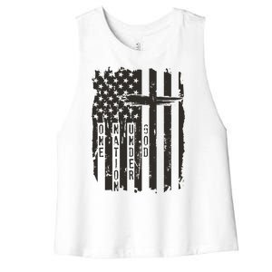 One Nation Under God Grunge Distressed USA American Flag Women's Racerback Cropped Tank