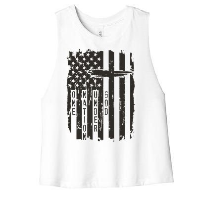 One Nation Under God Grunge Distressed USA American Flag Women's Racerback Cropped Tank