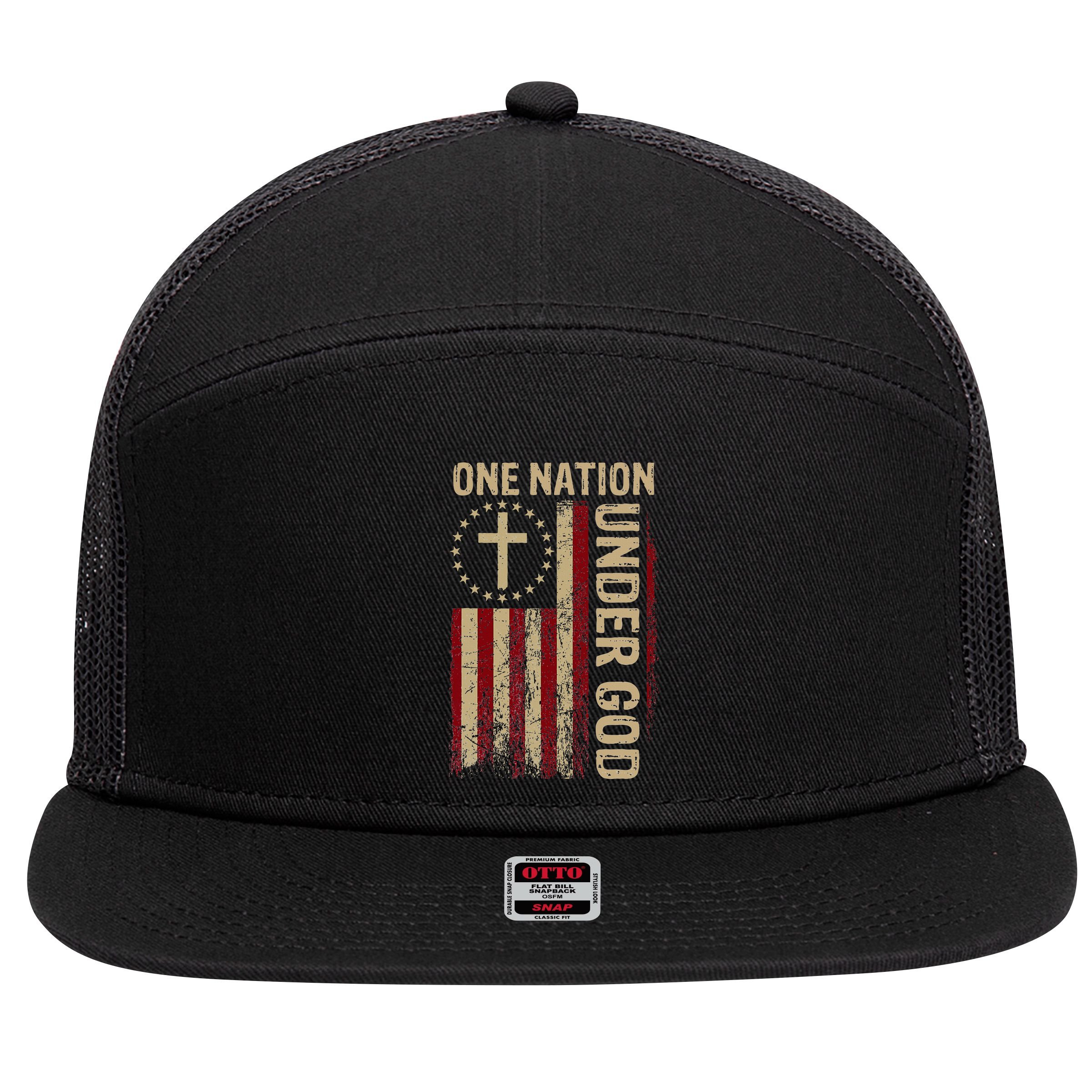 One Nation Under God Flag 4th Of July Patriotic Christian 7 Panel Mesh Trucker Snapback Hat