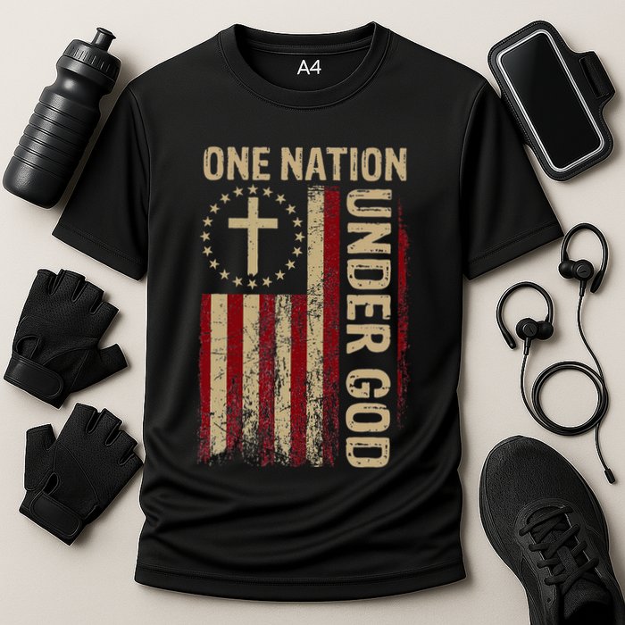 One Nation Under God Flag 4th Of July Patriotic Christian Cooling Performance Crew T-Shirt