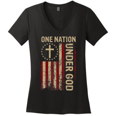 One Nation Under God Flag 4th Of July Patriotic Christian Women's V-Neck T-Shirt