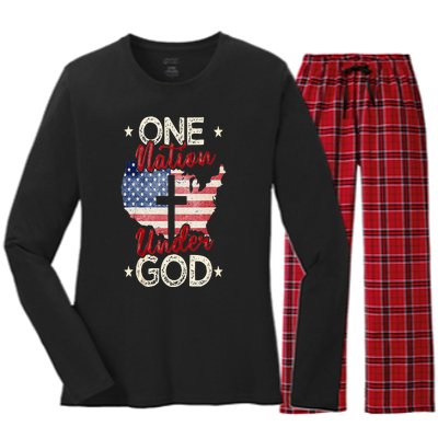 One Nation Under God Christian US Flag 4th Of July Faith Women's Long Sleeve Flannel Pajama Set 