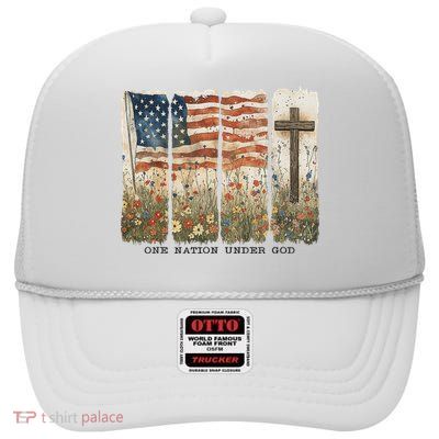 One Nation Under God Usa Flag Cross Floral Christian Women High Crown Mesh Back Trucker Hat