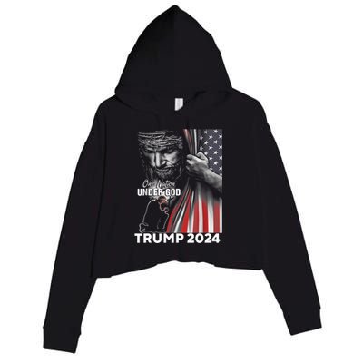 One Nation Under God Trump 2024 God American Flag Crop Fleece Hoodie