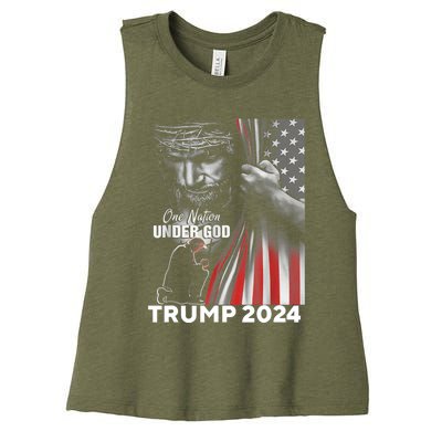 One Nation Under God Trump 2024 God American Flag Women's Racerback Cropped Tank