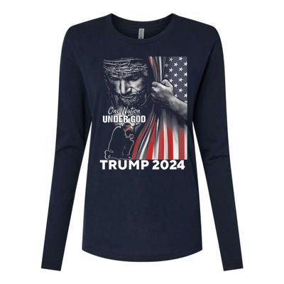 One Nation Under God Trump 2024 God American Flag Womens Cotton Relaxed Long Sleeve T-Shirt