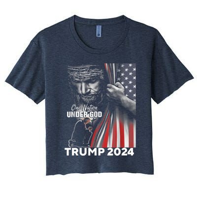 One Nation Under God Trump 2024 God American Flag Women's Crop Top Tee