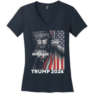 One Nation Under God Trump 2024 God American Flag Women's V-Neck T-Shirt