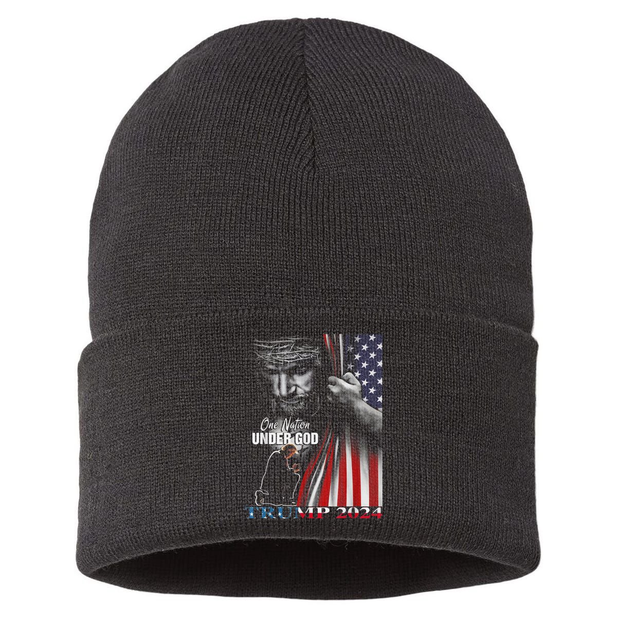 One Nation Under God Trump 2024 God American Flag Sustainable Knit Beanie