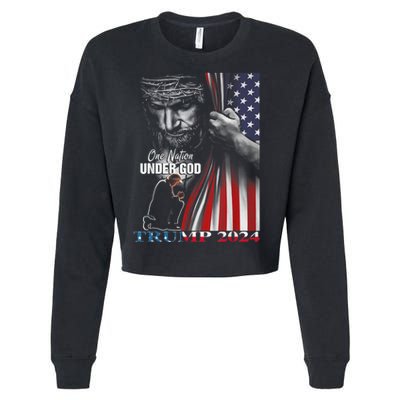 One Nation Under God Trump 2024 God American Flag Cropped Pullover Crew