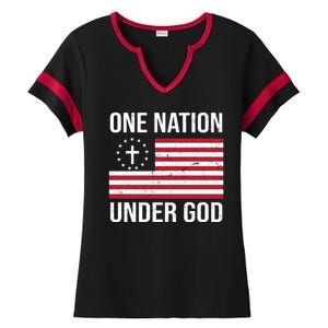 One Nation Under God American Christian Flag Ladies Halftime Notch Neck Tee