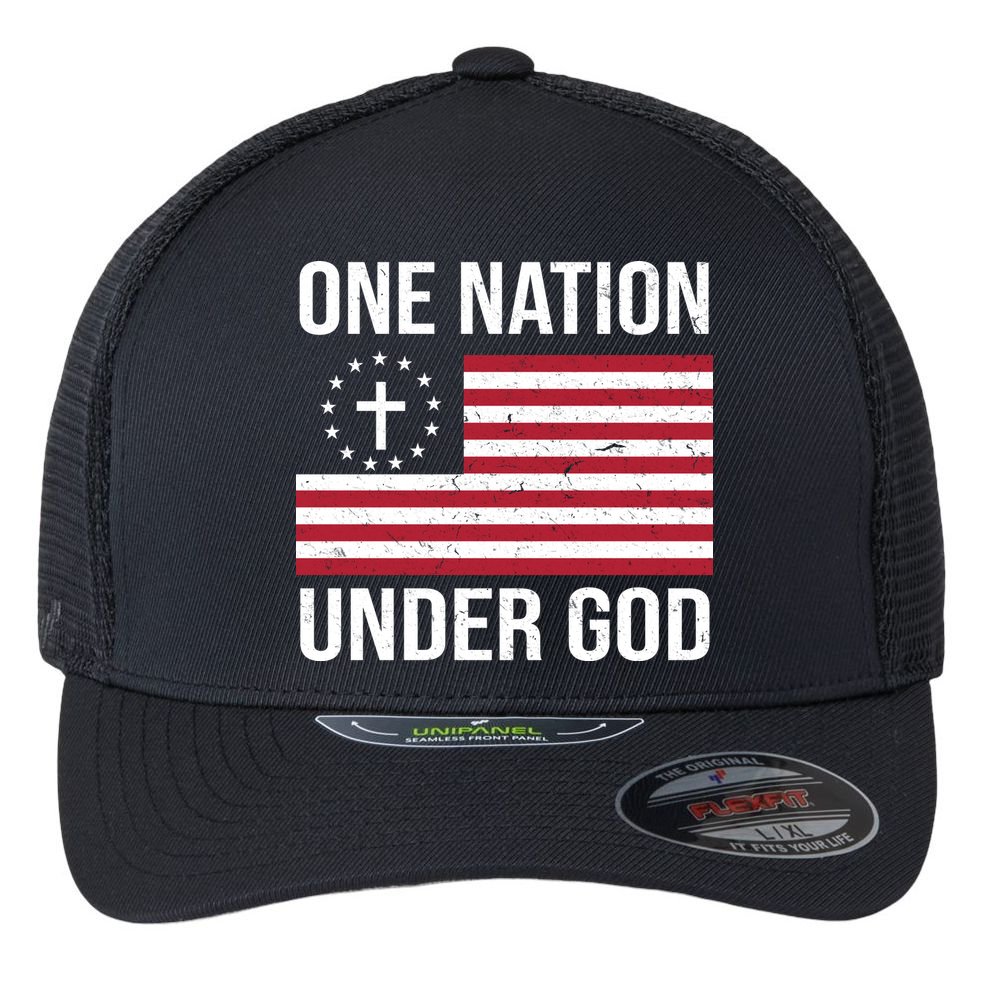 One Nation Under God American Christian Flag Flexfit Unipanel Trucker Cap