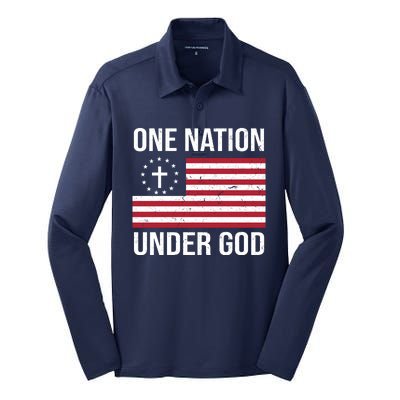 One Nation Under God American Christian Flag Silk Touch Performance Long Sleeve Polo