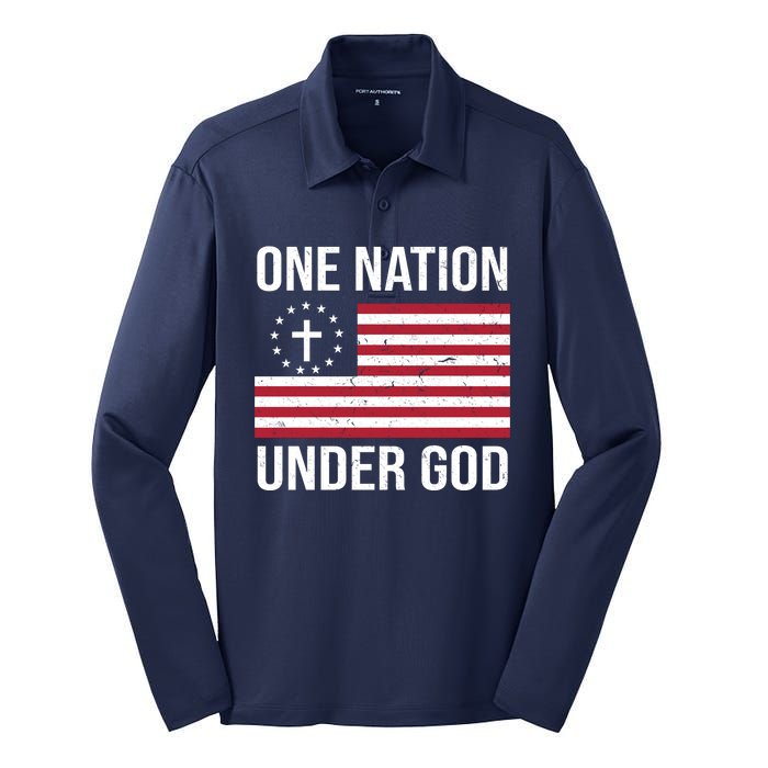 One Nation Under God American Christian Flag Silk Touch Performance Long Sleeve Polo