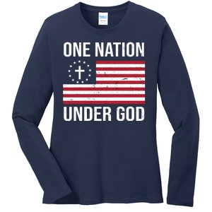 One Nation Under God American Christian Flag Ladies Long Sleeve Shirt