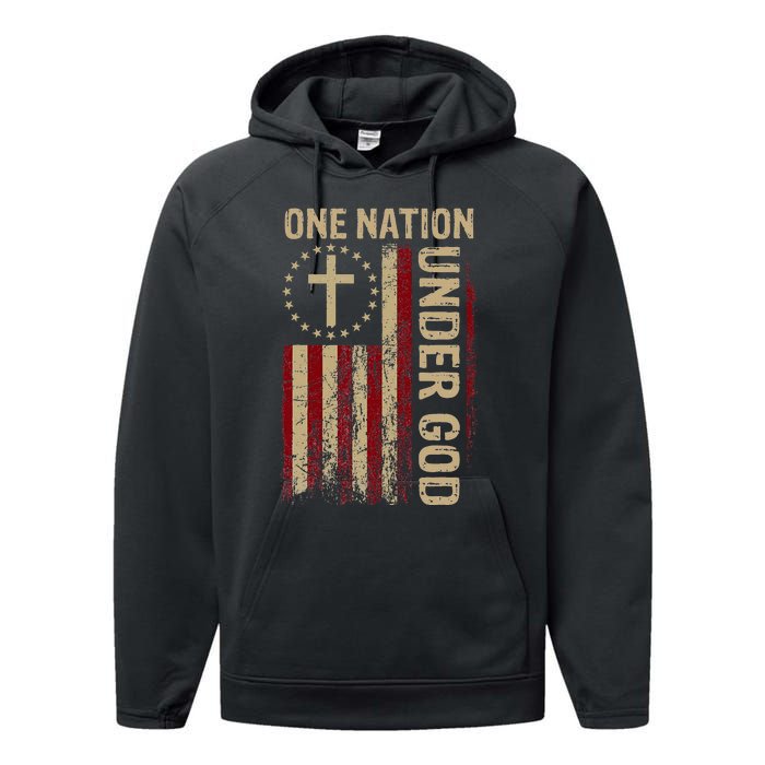 One Nation Under God Flag 4th Of July Patriotic Christian Performance Fleece Hoodie