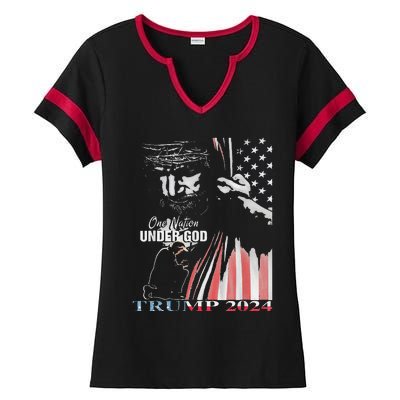 One Nation Under God Trump 2024 God American Flag Ladies Halftime Notch Neck Tee