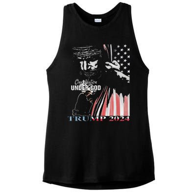 One Nation Under God Trump 2024 God American Flag Ladies PosiCharge Tri-Blend Wicking Tank