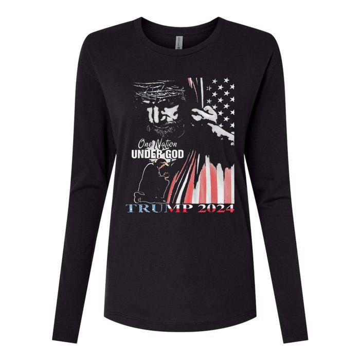 One Nation Under God Trump 2024 God American Flag Womens Cotton Relaxed Long Sleeve T-Shirt