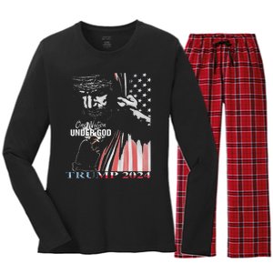 One Nation Under God Trump 2024 God American Flag Women's Long Sleeve Flannel Pajama Set 