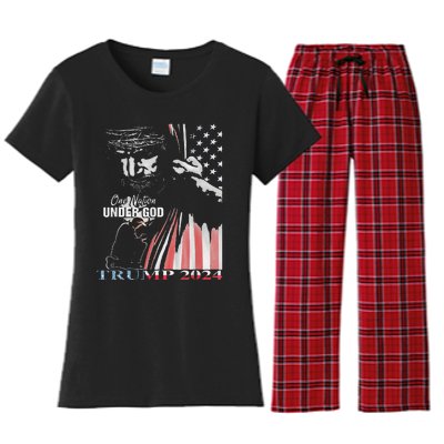 One Nation Under God Trump 2024 God American Flag Women's Flannel Pajama Set