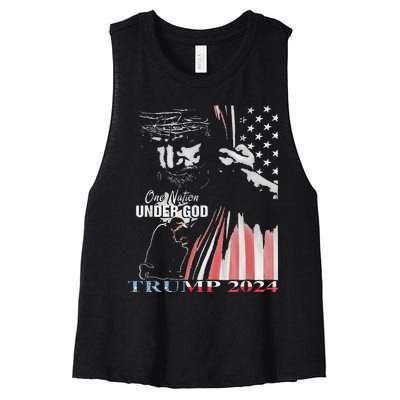 One Nation Under God Trump 2024 God American Flag Women's Racerback Cropped Tank